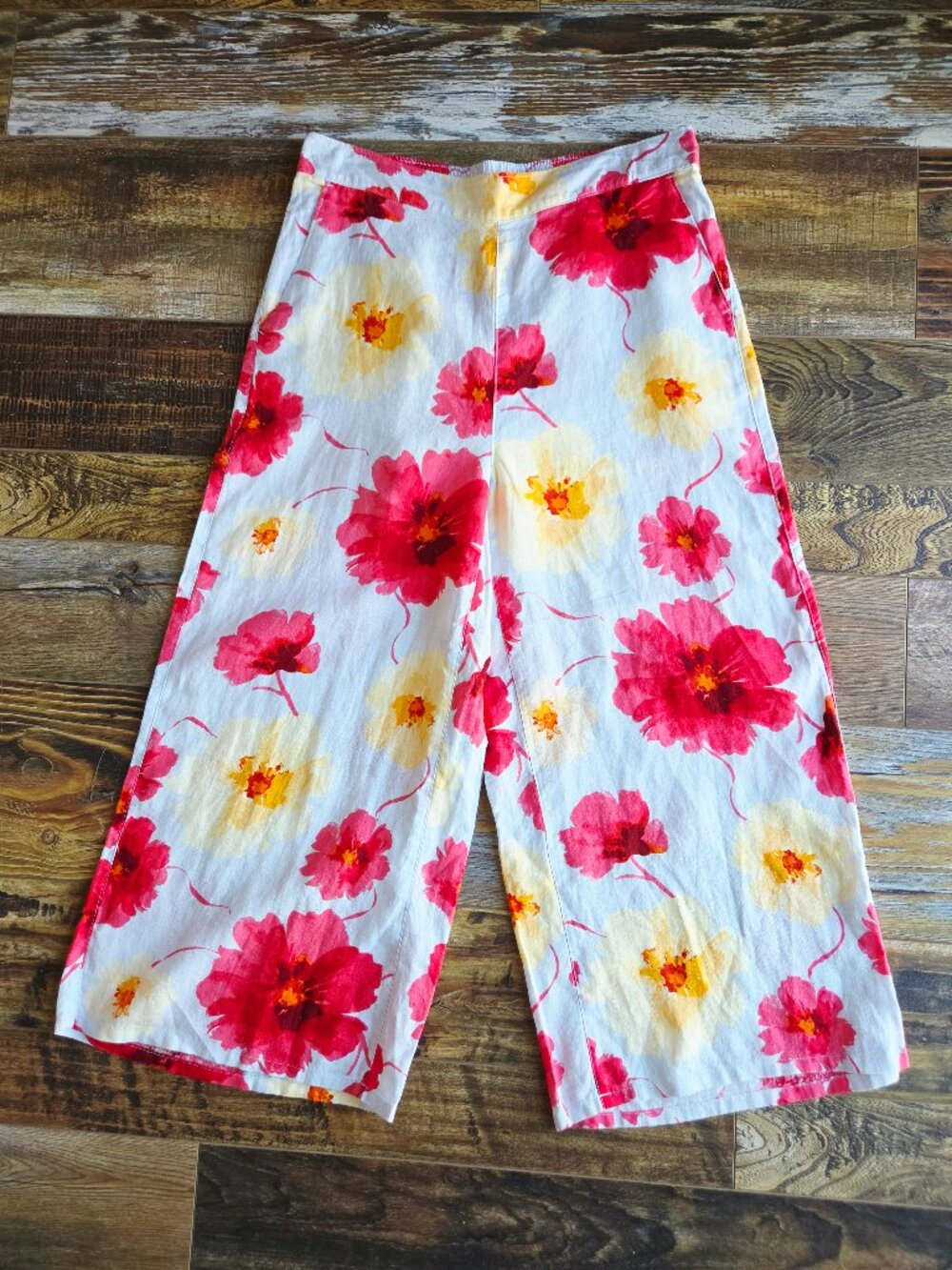 Joie Floral Watercolor Linen Wide-Leg Palazzo Crop Pants Pull-On Elastic Pocket